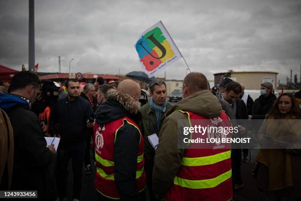 French left-wing coalition NUPES and La France Insoumise Member of Parliament Francois Ruffin speaks to employees on strike at the TotalEnergies...