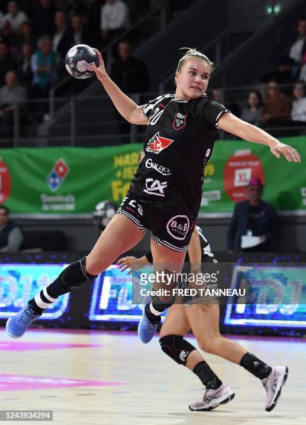 Brest's centre back Merel Freriks shoots during the French handball match between Brest and Plan-de-Cuques as part of the French women's championship...