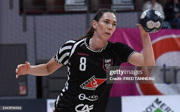 Brest's right back Monika Kobylinska is in action during the French handball match between Brest and Plan-de-Cuques as part of the French women's...