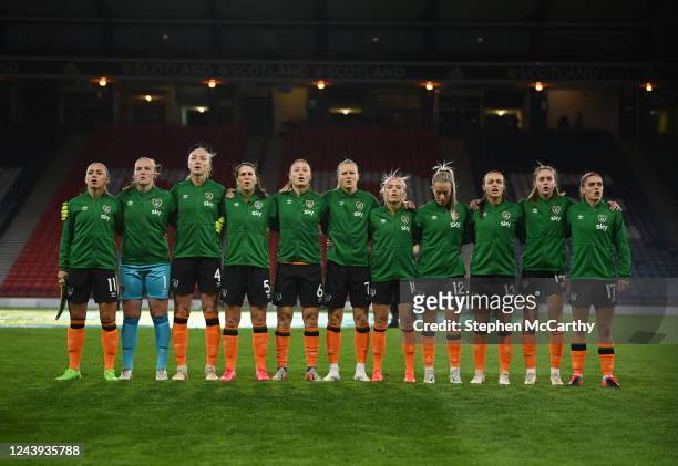 Scotland , United Kingdom - 11 October 2022; The Republic of Ireland team, from left, Katie McCabe, Courtney Brosnan, Louise Quinn, Niamh Fahey,...