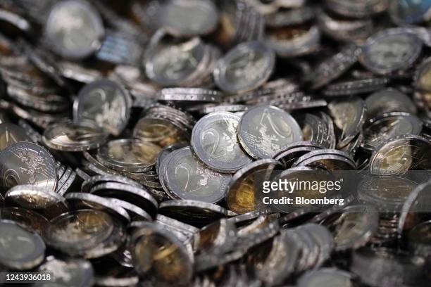 Newly pressed Croatian two euro coins at the Croatian Mint in Zagreb, Croatia, on Thursday, Oct. 13, 2022. Croatia, the European Union's newest...