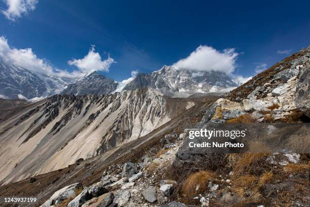 View of the Himalaya Mountain Range from Tsergo Ri mountain and the trekking path to the top. The mountains around in the Himalayas are Tsegro Ri,...