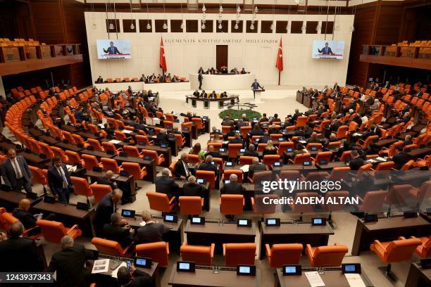 Lawmakers are discussing a government-sponsored bill that criminalizes "disinformation" at the Turkish Grand National Assembly on October 13 in Ankara