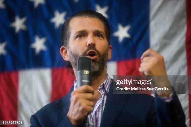 Donald Trump Jr. Speaks to audience members before introducing U.S. Senate candidate Rep. Ted Budd during a campaign rally at Illuminating...