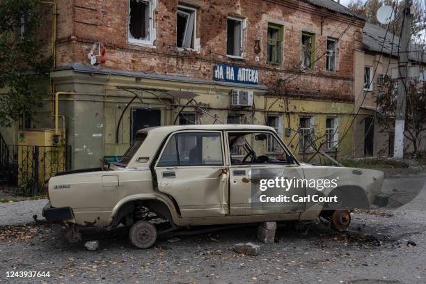 Lada displaying the Russian 'Z' military symbol is pictured on October 13, 2022 in Kupiansk, Kharkiv oblast, Ukraine. Josep Borrell, the EU's foreign...