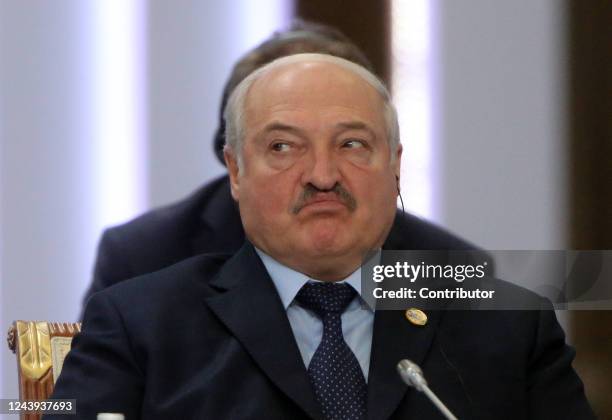 Belarussian President Alexander Lukashenko grimases during the plenary of the 6th CICA Summit, October 2022, in Astana, Kazakhstan. Russian President...