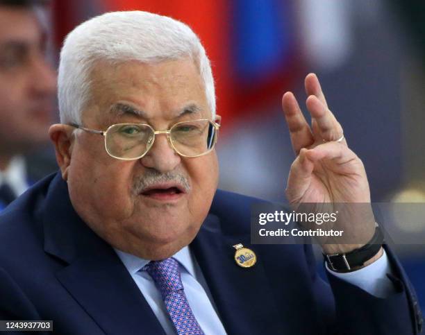 Palestine's President Mahmoud Abbas speeches during the pleary session of the 6th CICA Summit on October 13, 2022 in Astana, Kazakhstan. Russian...