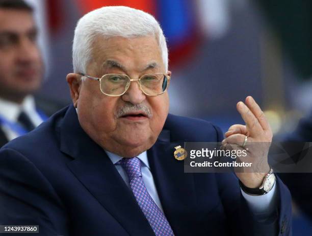 Palestine's President Mahmoud Abbas speeches during the pleary session of the 6th CICA Summit on October 13, 2022 in Astana, Kazakhstan. Russian...