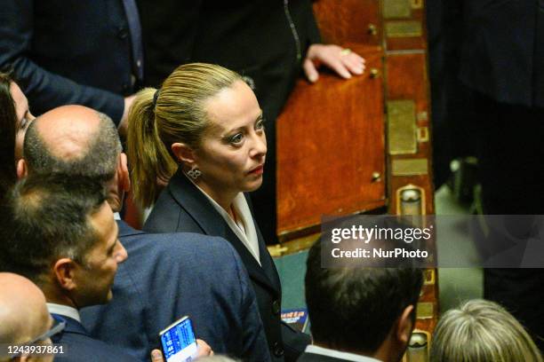 Giorgia Meloni during the Italian Parliament inaugural session at Chamber of Deputies on October 13, 2022 in Rome, Italy.