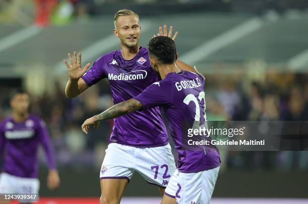 Antonin Barak of ACF Fiorentina celebrates after scoring a goal with Nicolas Ivan Gonzalez of ACF Fiorentina during the UEFA Europa Conference League...