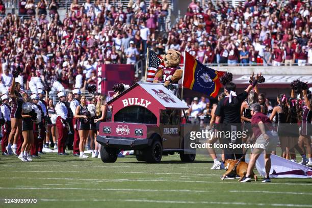 Mississippi State mascot Bully rides onto the field before the game between the Mississippi State Bulldogs and the Texas A&M Aggies on October 1,...