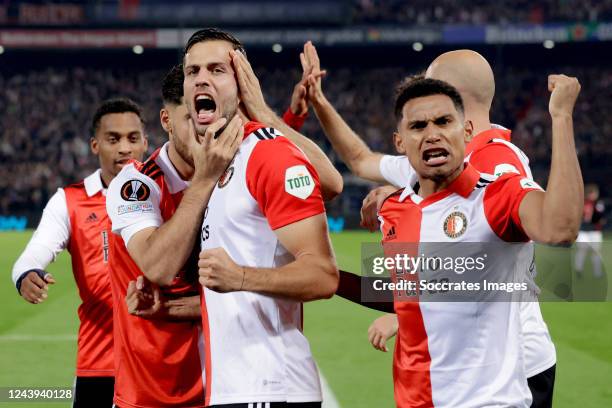 David Hancko of Feyenoord celebrates 2-1 with Alireza Jahanbakhsh of Feyenoord, Quinten Timber of Feyenoord, Marcos Lopez of Feyenoord, Gernot...