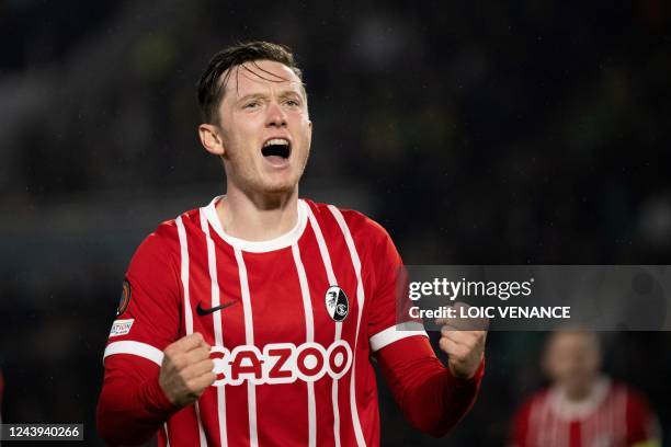 Freiburg's Michael Gregoritsch celebrates after scoring a goal during the UEFA Europa League group G football match between Nantes and Freiburg at...