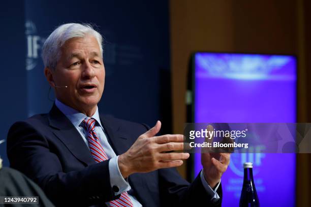 Jamie Dimon, chairman and chief executive officer of JPMorgan Chase & Co., speaks during the Institute of International Finance annual membership...
