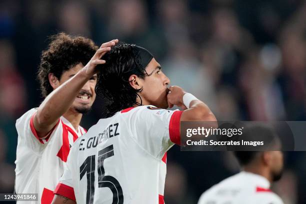 Erick Gutierrez of PSV celebrates 1-0 with Andre Ramalho of PSV during the UEFA Europa League match between PSV v FC Zurich at the Philips Stadium on...