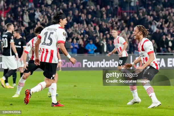 Erick Gutierrez of PSV celebrates 1-0 with Andre Ramalho of PSV, Xavi Simons of PSV during the UEFA Europa League match between PSV v FC Zurich at...