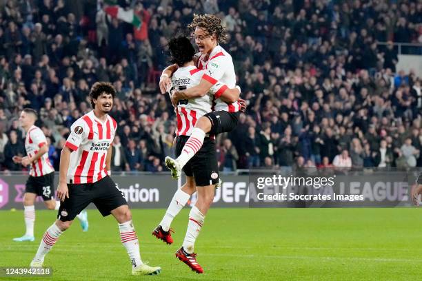 Erick Gutierrez of PSV celebrates 1-0 with Andre Ramalho of PSV, Xavi Simons of PSV during the UEFA Europa League match between PSV v FC Zurich at...