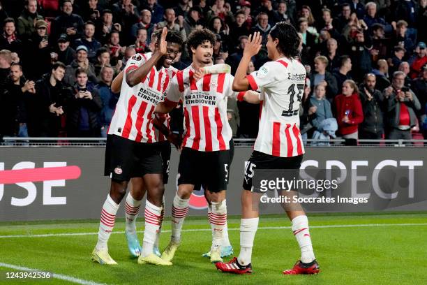 Ibrahim Sangare of PSV celebrates 3-0 with Andre Ramalho of PSV, Joey Veerman of PSV, Andre Ramalho of PSV during the UEFA Europa League match...
