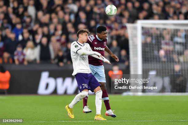 Sebastiano Esposito of RSC Anderlecht and Ben Johnson of West Ham United battle for the ball during the UEFA Europa Conference League group B match...