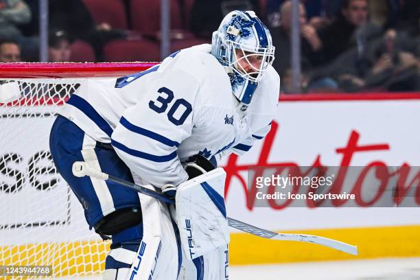 Toronto Maple Leafs goalie Matt Murray waits for the play to resume during the Toronto Maple Leafs versus the Montreal Canadiens game on October 12...