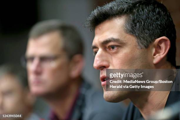 October 6: Red Sox President & CEO Sam Kennedy and Chief Baseball Officer Chaim Bloom during the season ending press conference at Fenway Park on...