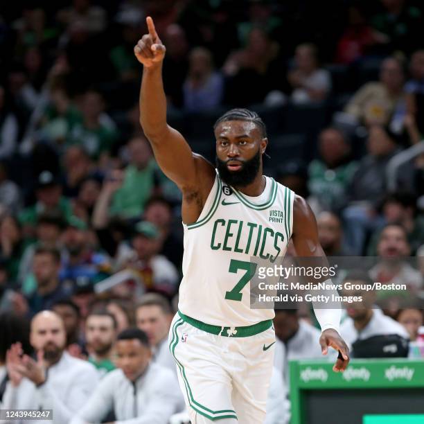 October 5: Jaylen Brown of the Boston Celtics celebrates during the first half of the NBA preseason game against the Toronto Raptors at the TD Garden...
