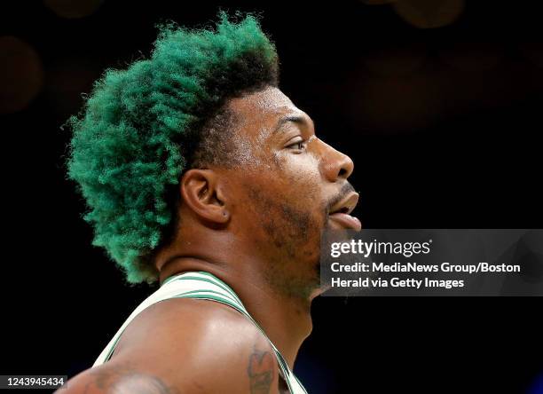 October 5: Marcus Smart of the Boston Celtics during the first half of the NBA preseason game against the Toronto Raptors at the TD Garden on October...