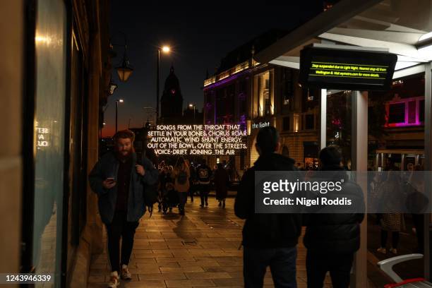 Light poems are seen on display as part of the Rugby League World Cup 2021 Cultural Festival on October 13, 2022 in Leeds, England.