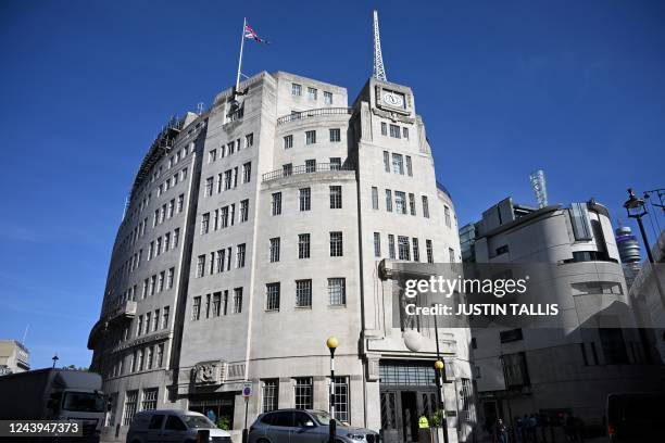 Photograph taken on October 6, 2022 shows the BBC Headquarters at the Broadcasting House in central London. - On November 14 the clipped tones of the...