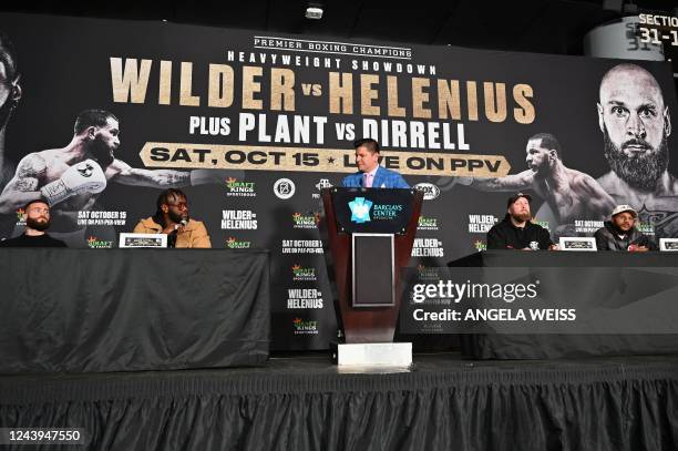 Boxer Caleb Plant , US boxer Deontay Wilder , Swedish-Finnish boxer Robert Helenius and US boxer Anthony Dirrell take part in a press conference in...