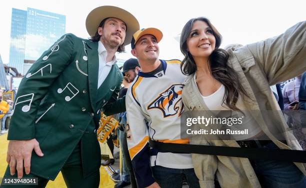 Matt Duchene of the Nashville Predators poses with fans on the Gold Walk prior to an NHL game against the Dallas Stars at Bridgestone Arena on...