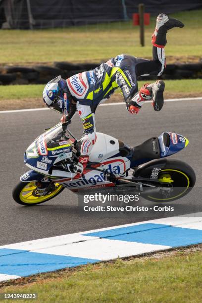 John McPhee of United Kingdom and Sterilgarda Husqvarna Max crashes his bike during free practice for the MotoGP of Australia at Phillip Island Grand...