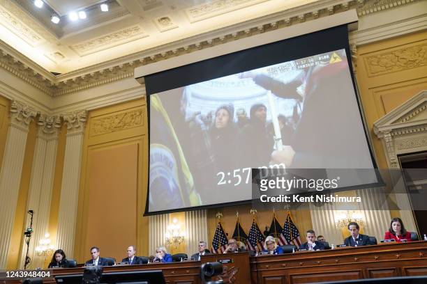 Footage of the January 6th attack on the U.S. Capitol Building are displayed during a hearing of the House Select Committee to Investigate the...