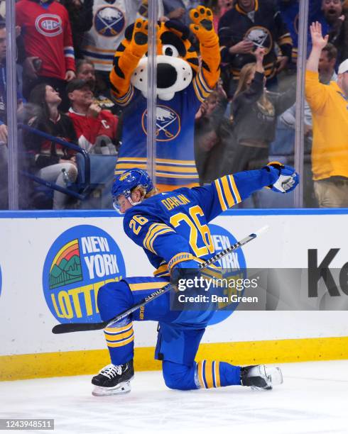 Rasmus Dahlin of the Buffalo Sabres celebrates his second period goal during an NHL game against the Ottawa Senators on October 13, 2022 at KeyBank...