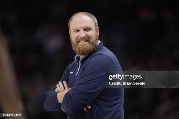 Head Coach Taylor Jenkins of the Memphis Grizzlies looks on during the game against the Detroit Pistons on October 13, 2022 at Little Caesars Arena...