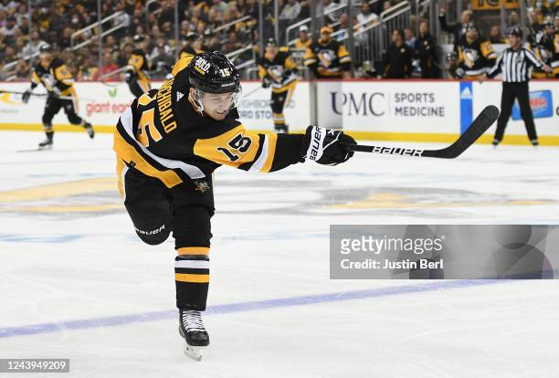 Josh Archibald of the Pittsburgh Penguins attempts a shot on goal in the third period during the game against the Arizona Coyotes at PPG PAINTS Arena...