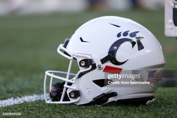 Cincinnati Bearcats helmet sits on the field during the game against the South Florida Bulls and the Cincinnati Bearcats on October 8 at Nippert...