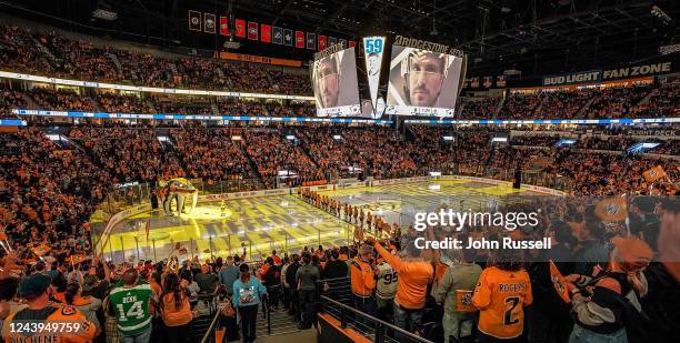 The Nashville Predators are introduced prior to an NHL game against the Dallas Stars at Bridgestone Arena on October 13, 2022 in Nashville, Tennessee.
