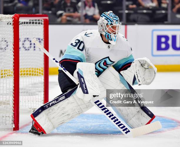 Martin Jones of the Seattle Kraken protects the goal during the first period against the Los Angeles Kings at Crypto.com Arena on October 13, 2022 in...