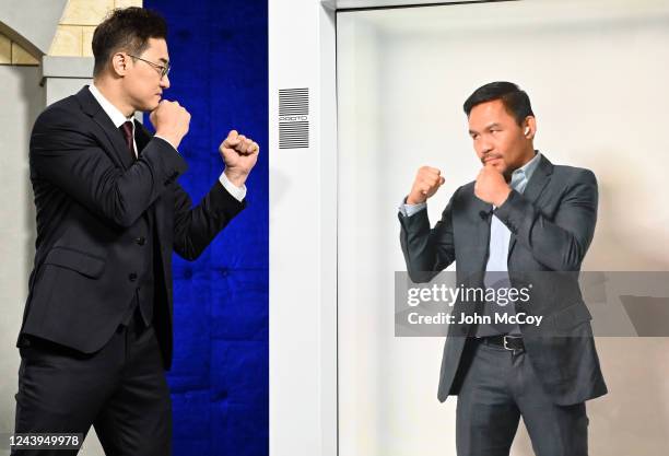 Yoo faces off with Manny Pacquiao, who appeared as a hologram, during a press conference on October 13, 2022 in Van Nuys, California.