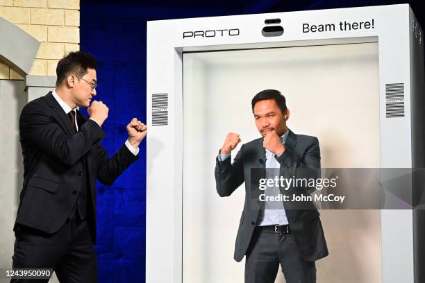 Yoo faces off with Manny Pacquiao who appeared in a hologram during a press conference on October 13, 2022 in Van Nuys, California.