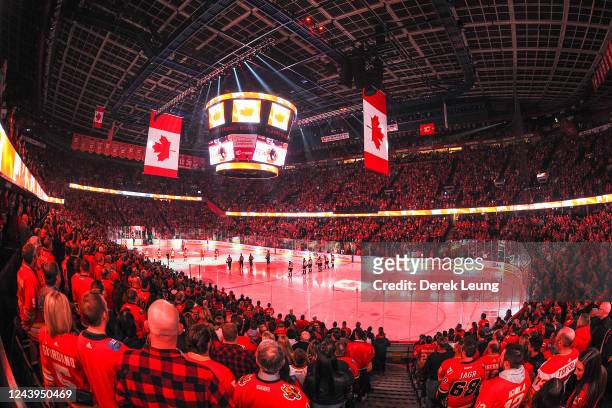 General view of the interior of the Scotiabank Saddledome during the singing of the Canadian national anthem prior to an NHL game between the Calgary...