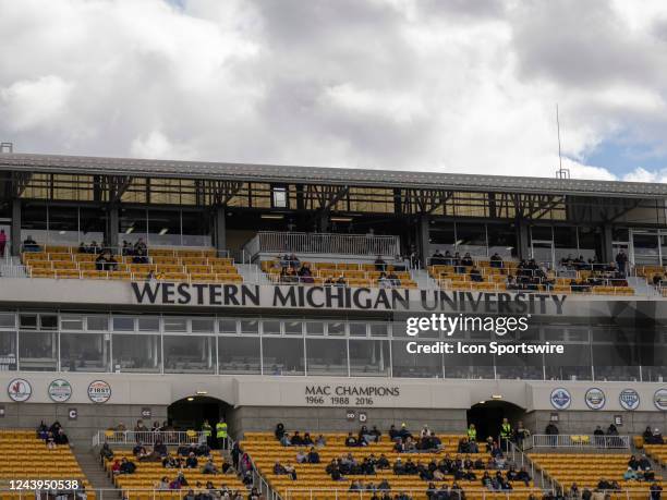 General view of the Western Michigan Broncos press box during the college football game between the Eastern Michigan Eagles and Western Michigan...