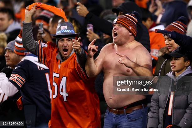 Chicago Bears fan celebrates during the fourth quarter of an NFL football game against the Washington Commanders at Soldier Field on October 13, 2022...