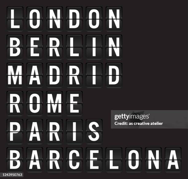 name der europäischen städte auf flughafen flip board - barcelona stock-grafiken, -clipart, -cartoons und -symbole