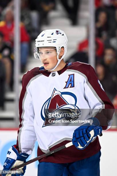 Colorado Avalanche Defenceman Cale Makar looks on during the first period of an NHL game between the Calgary Flames and the Colorado Avalanche on...