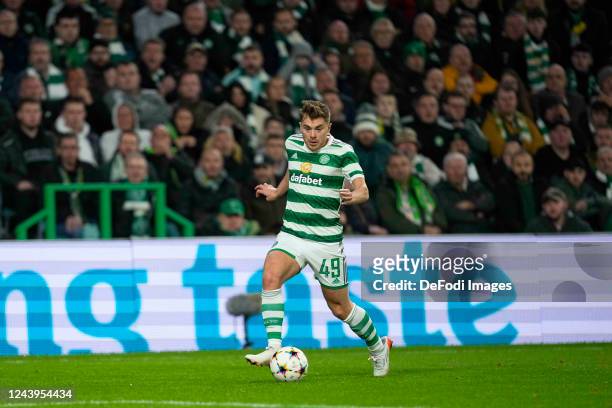 James Forrest of Celtic FC controls the ball during the UEFA Champions League group F match between Celtic FC and RB Leipzig at Celtic Park on...