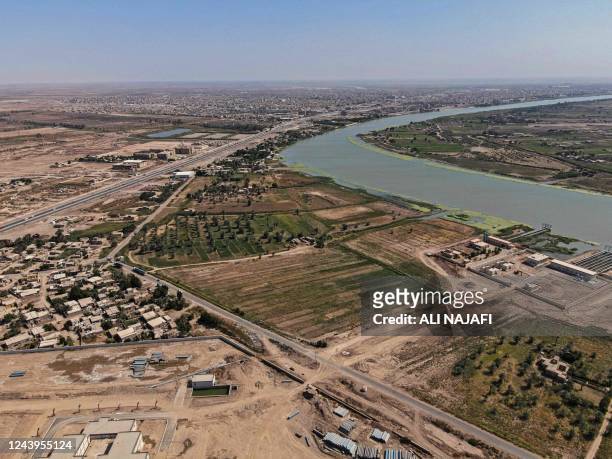 An aerial view taken on October 14 shows a view of the Kut Water Project, on the bank of the Tigris river in the southern Iraqi city.