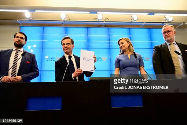 Leader of the Sweden Democrats Jimmie Akesson, Leader of the Moderate party Ulf Kristersson, Leader of the Christian Democrats Ebba Busch and Leader...