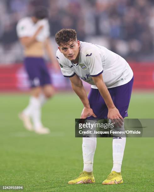 Sebastiano Esposito of Anderlecht looks dejected during the UEFA Europa Conference League group B match between West Ham United and RSC Anderlecht at...